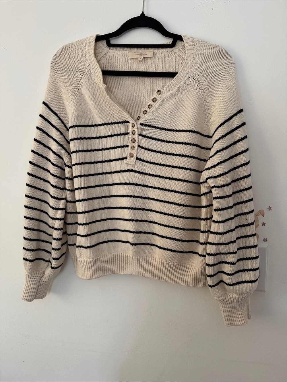 Sezane Cream and Black Striped Henley Sweater